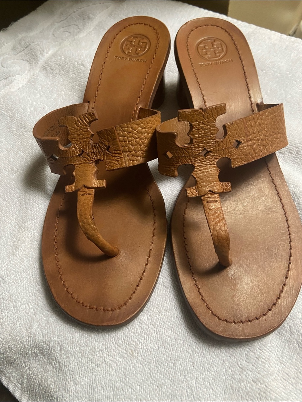 Tory Burch Cognac Leather Logo Thong Sandals